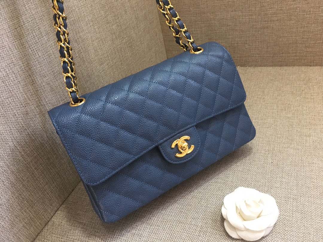 Medium Classic Flap Caviar Bag A01112 Dark Blue/Gold